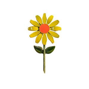 Vintage Yellow Daisy Flower Brooch Orange Center Enamel Green Stem Retro Floral